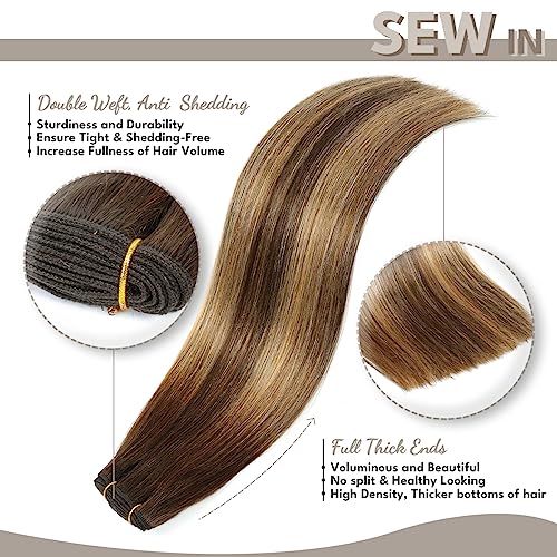 Sew in Hair Extensions Real Human hair, Double Drawn Weft Hair Extensions human hair, Silky Soft &Shiny Human hair extensions sew in, 100g Balayage Chocolate Brown to Caramel Blonde, 22 inch