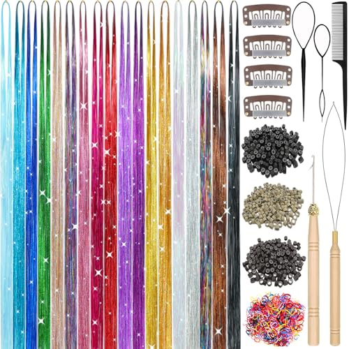 Hair Tinsel, 18 Colors 7800 Strands 48 Inch Glitter Tinsel Hair Extensions Kit Heat Resistant Daily Use Festivals Shiny Fairy Hair Accessories for Girls Kids Women (18 Colors)