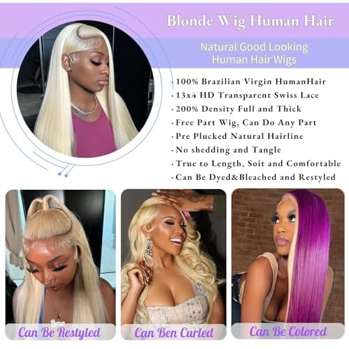 SIYUSI 32Inch 613 Lace Front Wig Human Hair,13x4 HD Transparent Lace, 200% Density Straight Brazilian Blonde Wig, Pre-Plucked with Baby Hair