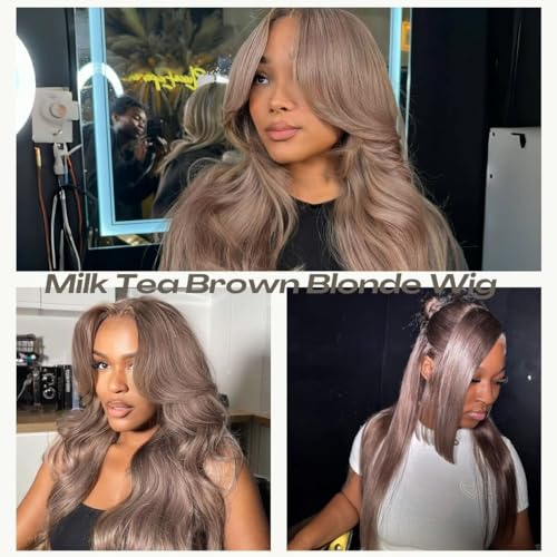 Mocha Brown Blonde 13¡¿4 HD Lace Front Wig Human Hair 180% Density Body Wave Ash Lace Wig Pre Plucked Real Ultra Full Brazilian Virgin Hair Milk Tea Colored Wig for Women 26Inch