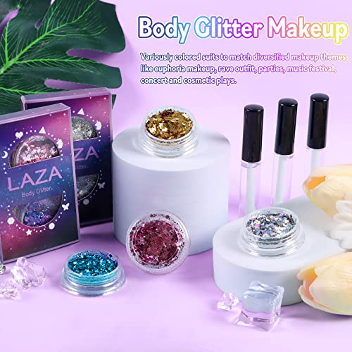 Laza Body Glitter, 2 Jars Holographic Chunky Sequins with Glitter Glue Perfect for Women Eyeshadow Makeup Face Paint Festival Rave outfits Hair Accessories Carnival Party Costumes - Bright Gold Silver