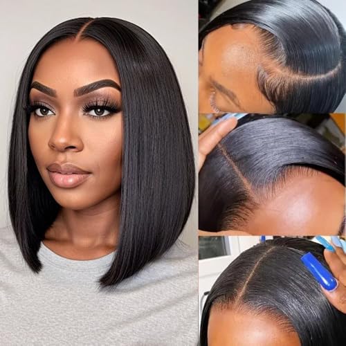 Lace Front Bob Wigs Human Hair, 12 Inch 13x4 HD Lace Glueless Bob Wig Human Hair Short Straight Frontal Bob Wigs for Black Women Human Hair Pre Plucked with Baby Hair Side Part 180% Density