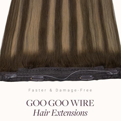 GOO GOO Wire Hair Extensions Human Hair, 4/27/4 Chocolate Brown with Caramel Blonde Balayage 12inch 70g, Invisible Wire Hair Extensions with Transparent, Seamless Fish Line Hairpiece