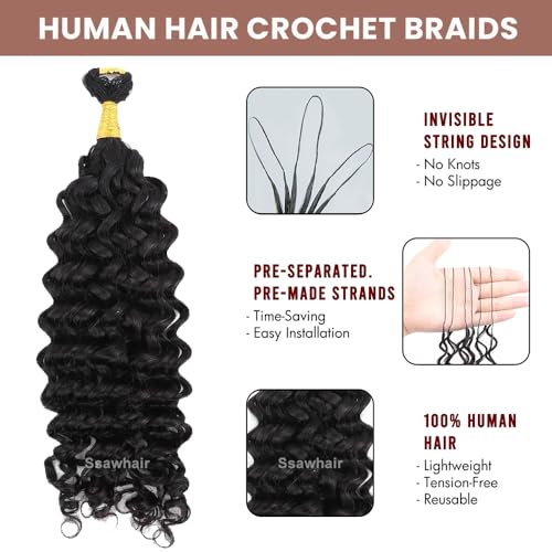 Spanish Curly Feather Crochet Boho Hair For Braiding Pre-Separated Water Wave Human Hair Long Cord Pre-Looped Reusable Feather Crochet Hair Extensions 14Inch 100g 120Strands
