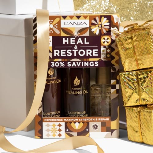 L'ANZA Keratin Healing Oil Trio Hair Kit, Restorative Lustrous Shampoo, Conditioner & Keratin Oil Treatment Serum in a Gift Box, Luxury Hair Care Kit For Dry, Damaged Locks (10.1/8.5/3.4 Fl Oz)
