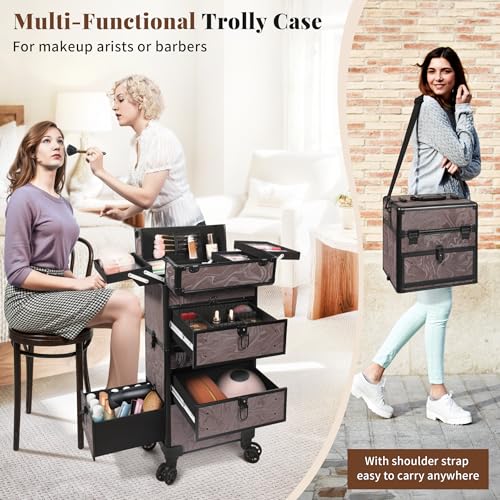 AROUS Rolling Makeup Case with 3 Drawers, Cosmetology Case on Wheels 5 IN 1 Makeup Train Case Make Up Organizer for Artist Salon Nail Teach Trunk,Brown