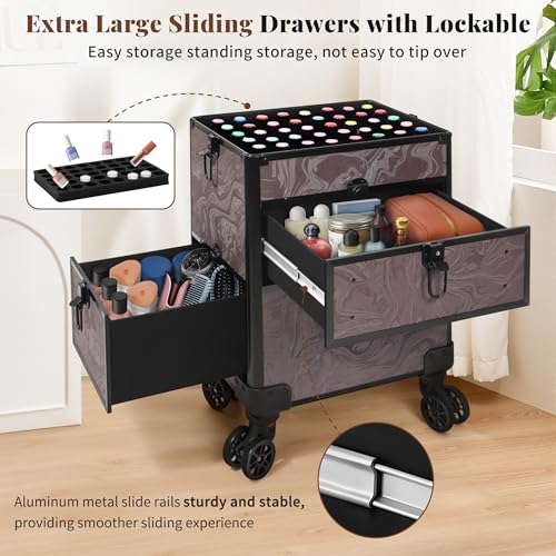 AROUS Rolling Makeup Case with 3 Drawers, Cosmetology Case on Wheels 5 IN 1 Makeup Train Case Make Up Organizer for Artist Salon Nail Teach Trunk,Brown