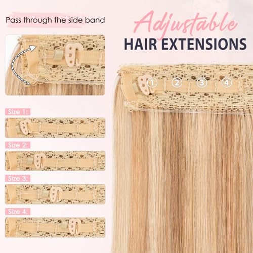 TESS Human Hair Extensions Halo Remy Hair 22 Inch Straight Adjustable Invisible Wire Easy to Use Clip in, Flax Yellow mixed Light gold