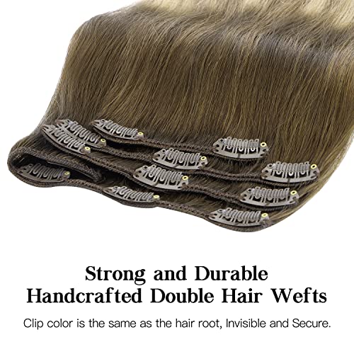 HOTBANANA Human Hair Clip in Hair Extensions, Ombre Walnut Brown to Ash Brown and Bleach Blonde 120g Clip in Hair Extensions Real Human Hair Straight Remy Hair Clip Ins 20 Inch 7pcs