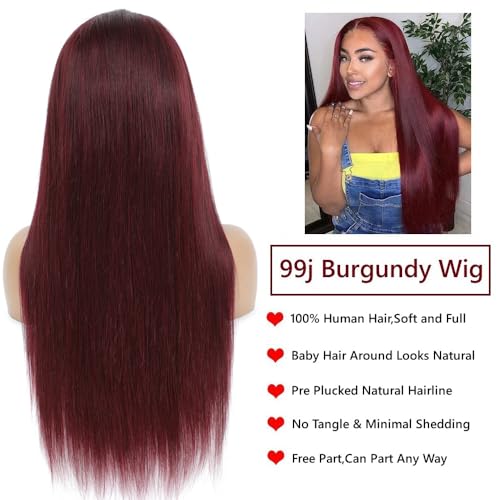Burgundy Straight Lace Front Wigs Human Hair 13X6.5 Burgundy Wig Human Hair 250% Density Straight HD Lace Front Wigs for Women Glueless Wigs Human Hair (28 inch, 99j)