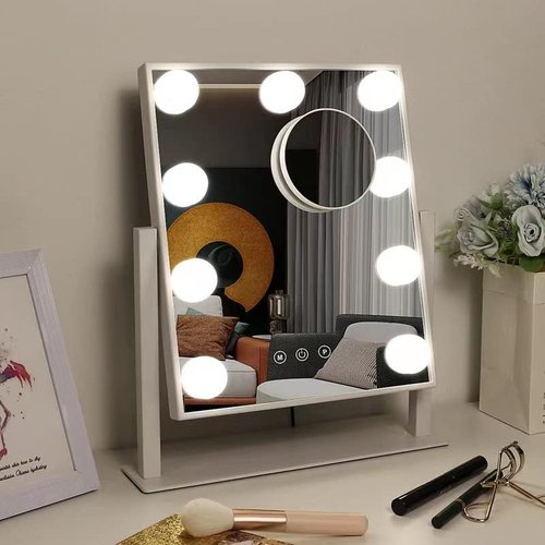 IMEASY Vanity Mirror with Lights，Hollywood Lighted Makeup Mirror with 3 Color Modes and 9 Dimmable Diamond LED Light Bulbs Detachable 10X Magnification 360° Rotation Touch Control