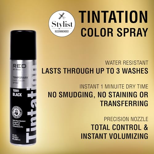 Red by Kiss Tintation Temporary Hair Color Spray, Instant Gray Root Touch Up Coverage, Water-Resistant & Smudge-Proof, Easy Wash Out, Barber & Hairline Touch-Up, Quick-Dry (Black, 2.82 oz)