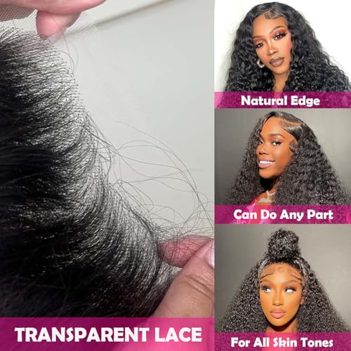 13x4 Deep Wave Lace Front Wigs Human Hair 200 Density Deep Curly Human Hair Wig HD Transparent Wet and Wavy Lace Front Wigs Natural Black 30 Inch