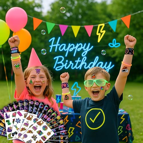 72 PCS Neon Party Set - 48 Neon Temporary Tattoos, 24 Slap Bracelets Wristbands - Fun Glow Party Supplies for Birthday, Baby Shower, Classroom Rewards, Decorations & Gifts for Kids