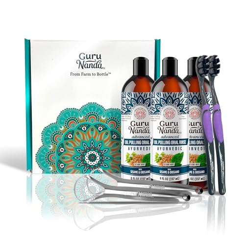 GuruNanda Advanced Oil Pulling Mouthwash for Enhanced Oral Care with Sesame & Oregano Oil, Promotes Deep Cleaning for Healthy Teeth & Gums, with Toothbrushes & Tongue Scrapers, Alcohol-Free, 3X8 Oz