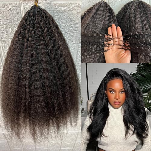 Kinky Straight Feather Crochet Human Hair Extension Yaki Wave Pre Separated Knotless Crochet Hair Micro Bundles With Loop For Reusable Boho Braids 18Inch 120g 100Strands