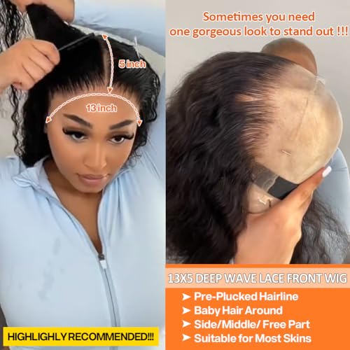 Keshon Deep Wave Frontal Wigs Human Hair 200% Density 13x5 Deep Wave Lace Front Wigs Human Hair HD Transparent Lace Frontal Wig Pre Plucked with Baby Hair Natural Color 24 inch