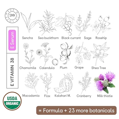 Organic28. 100% Organic Vitamin E Oil For Face & D?colletage. 38 Botanicals ? USA Made. 2 X Size. Vitamin E Oil For Skin Rejuvenating & Moisture Retention. Organic E Serum. Face Moisturizer. 2 Fl. Oz