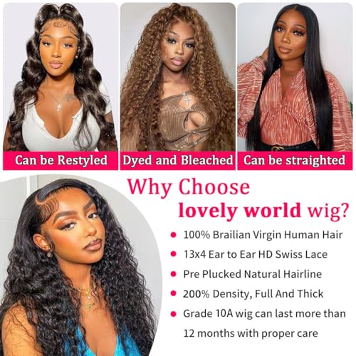 Lovelyworld 32 inch Deep Wave Lace Front Wigs Human Hair 200 Density 13X4 HD Deep Curly Lace Front Human Hair Wigs for Womesn