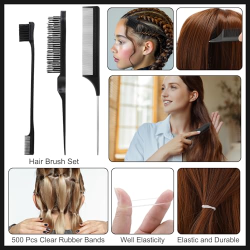 Boar Bristle Slick Back Hair Brush Comb with Wide Boar Bristle Brush,Hair Wax Stick,500PCS Elastic Rubber Bands for Women and Men Sectioning,Parting