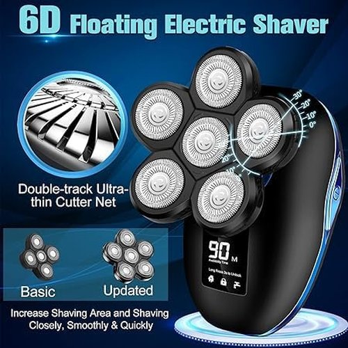 Head Shaver for Bald Men, 6-in-1 Electric Shaver for Bald Head 6D Wet/Dry Waterproof Mens Electric Razor Head Shavers with Grooming Kit Cordless Rechargeable Face Head Shaving Rotary Shavers Blue
