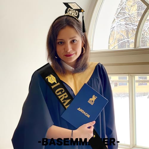 Graduation Headband and Shoulder Straps for Congrats Grad Party Supplies Bachelor Cap Headband with Doctoral Hat Black Sash Satin Tassels Tiaras for Graduation Party Dress up Favor Photo