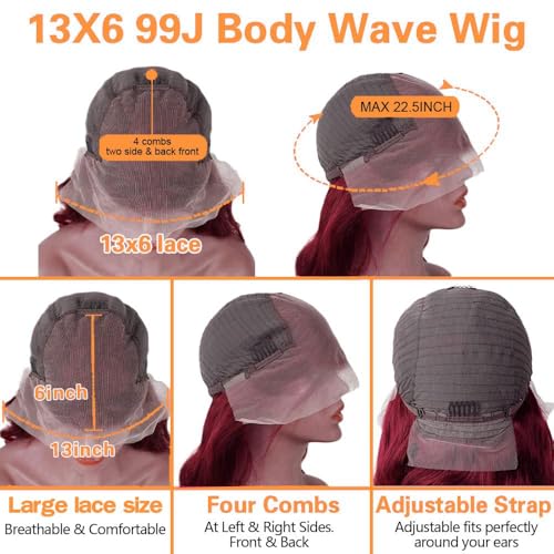 99j Burgundy Lace Front Wigs Human Hair Pre Plucked 13x6 Lace Frontal Human Hair Wigs for Black Women Body Wave Glueless Human Hair Wig 180% Density Pre Plucked Bleached Knots with Baby Hair £¨28 Inch£©