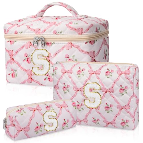 Personalized Initial Makeup Bag Set, Quilted Makeup Bag, Large Floral Cosmetic Bag for Women, Cute Cotton Custom Make up Bags, Flower Travel Toiletry Bag Teen Girl Gift Trendy Stuff Gift S