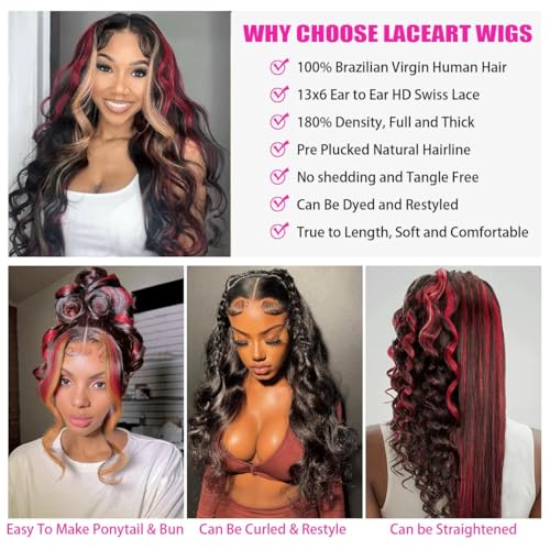 200% Density Glueless Wig Black Red Blonde Wig Red And Blonde Highlight Wig Human Hair Body Wave Lace Front Wigs 13X6 Lace Front Human Hair Wigs Pre Plucked 18INCH
