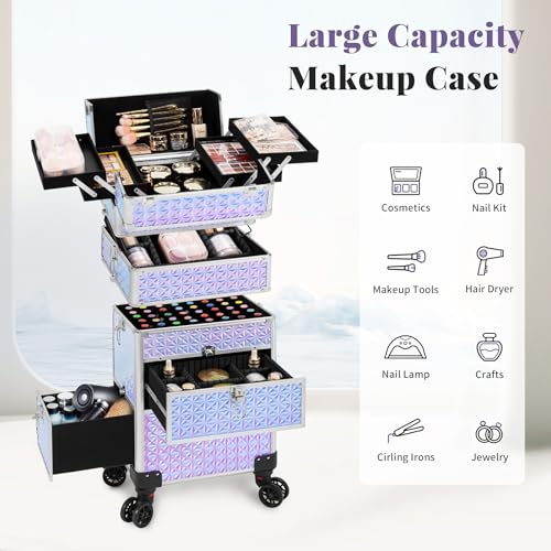 4 in 1 Rolling Makeup Case with Drawers, Multi-functional Cosmetic Trolley with Wheels and Keys, Large Storage Traveling Cart Trunk for Nail Technicians, Makeup Artist and Hairstylist, Silver