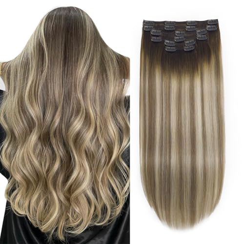 XDhair Clip in Hair Extensions Human Hair 120g 20 Inch 6pcs Balayage Color 3 Darker Brown to 8 Ash Brown and 22 Golden Blonde Double Drown Clip in Hair Extensions(20¡±, 3/8/22)