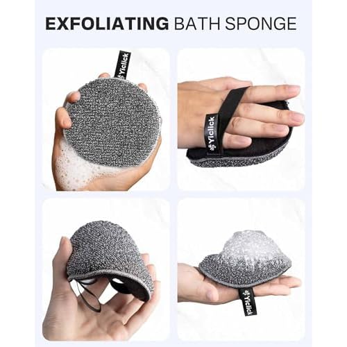 Yiclick Exfoliating Body Scrubber Exfoliator 2 Pack - Exfoliating Sponge, Shower Bath Sponge Loofah with Handle, Body Scrub Lufas Washcloth Net Brush for Women Men, Dead Skin Remover for Body