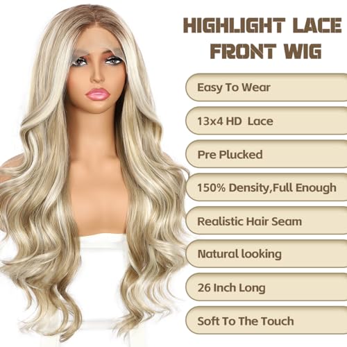 Highlight Blonde Lace Front Wig for Women 13x4 Body Wave Synthetic Wigs Balayage Pre-plucked Long Wavy Wig 150% Density Heat Resistant Hair Replacement Wigs 26 Inch