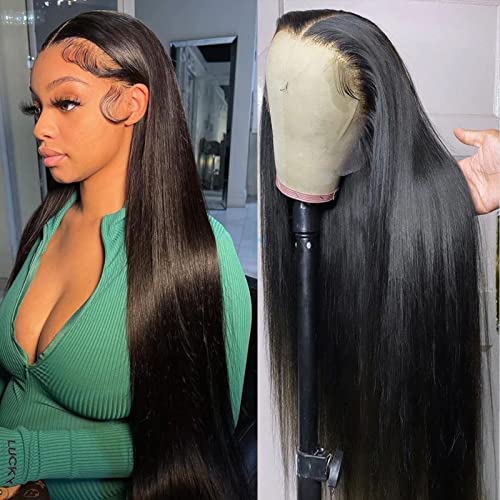 Straight Lace Front Wigs Human Hair Pre Plucked HD Transparent 13x4 Lace Frontal Wigs Human Hair with Baby Hair 180% Density Brazilian Virgin Human Hair Wigs for Black Woman Natural Color 22 Inch