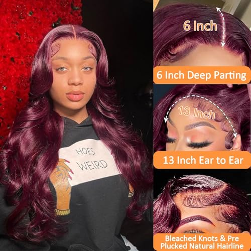 99j Burgundy Lace Front Wigs Human Hair Pre Plucked 13x6 Lace Frontal Human Hair Wigs for Black Women Body Wave Glueless Human Hair Wig 180% Density Pre Plucked Bleached Knots with Baby Hair £¨28 Inch£©