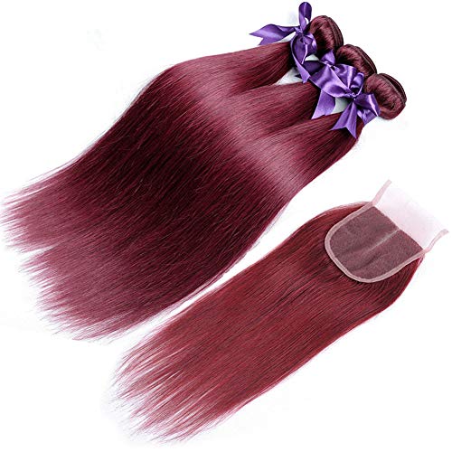99J Burgundy Hair Bundles With Closure Human Hair, 10A Wine Red Straight Human Hair Bundles With 4x4 Lace Closure Brazilian Virgin Remy Hair Extensions (20 22 24+18)