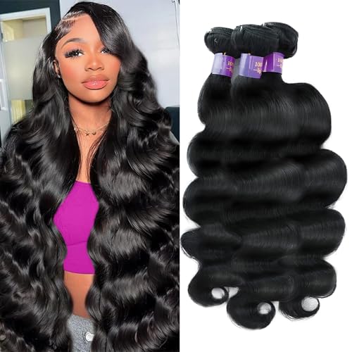 Body Wave Bundles Human Hair 28 30 32 Inch 12A Grade 100% Unprocessed Brazilian Virgin 3 Bundles Human Hair Natural Black