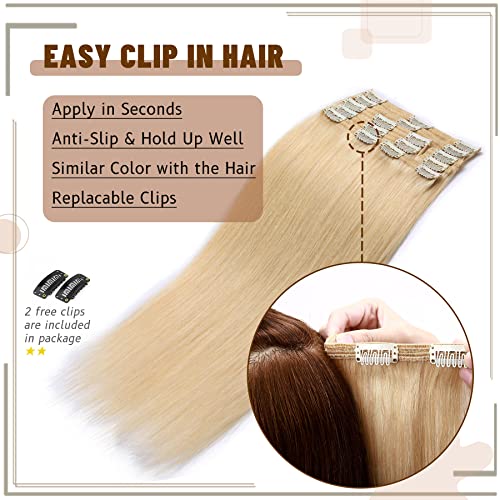 S-noilite Clip in Hair Extensions Real Human Hair Natural Blonde 18 Inch 8pcs 140g Straight Real Hair Extensions Clip Ins Double Weft #24
