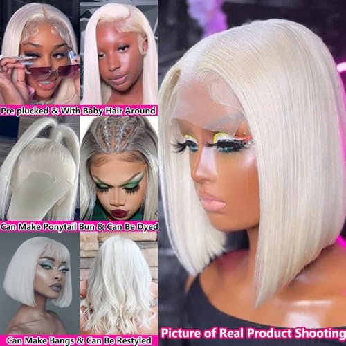 Glueless Full Frontal 200% Density Champagne Blonde 13X4 Human Hair Bob Wig HD Lace Front Breathable Hair Pre Plucked Transparent Lace Front Wigs Human Hair for Women 14Inch