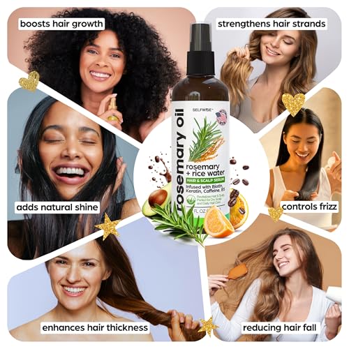 Rosemary Oil and Rice Water Hair Growth Spray - Serum with Biotin, Keratin, Caffeine, Vitamins C & B5 for Hair Mask, Hair Care, Scalp Treatment, Thickening Dry Damaged Hair for Women & Men 12oz