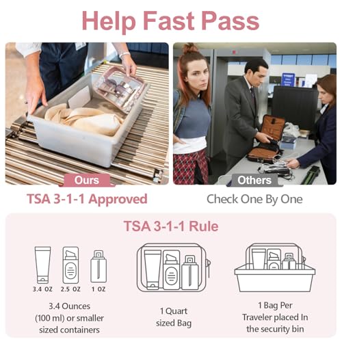 PACKISM Clear Makeup Bag - TSA Approved Toiletry Bag for Travel Size Toiletries, Travel Clear Toiletry Bag Quart Size Bag, Carry on Airport Airline Compliant Bag, Rose Pink(for age 12 or above)