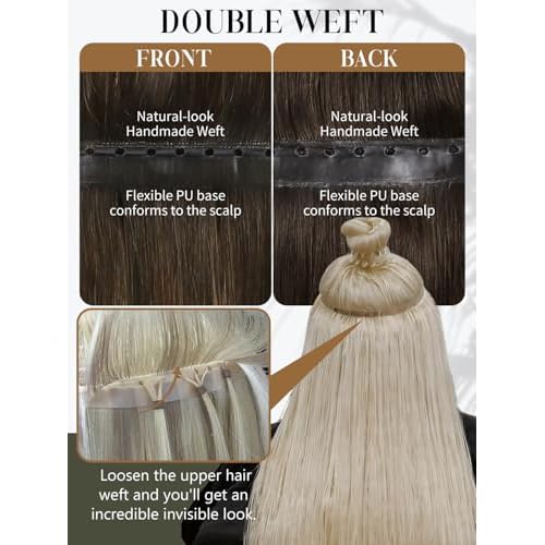 LOXXY Butterfly Double Weft Human Hair Extensions - 100% Remy Invisible Genius OVO PU Weft Extensions - Darkest Brown to Chestnut Brown Highlights, 20 Inch 100g, Width 31.5"(80cm)