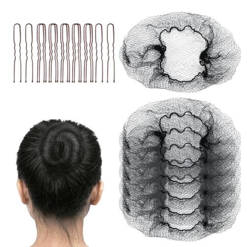 Hair Net Set: 20 Pieces 20-Inch Black Nets, 40 Pieces 2.4-Inch Brown U Pins - For Food Service, Bun Making, Ballet, and Versatile Hairstyling