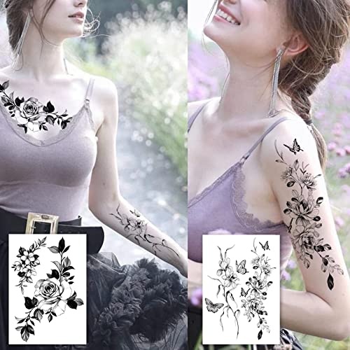 Temporary tattoos for women sexy thigh chest shoulder stomach Large flower huge fake tattoos£¬Exquisite and aesthetic£¬Designed By Real Tattoo Artists | Roarhowl tattoo rose 8 sheets
