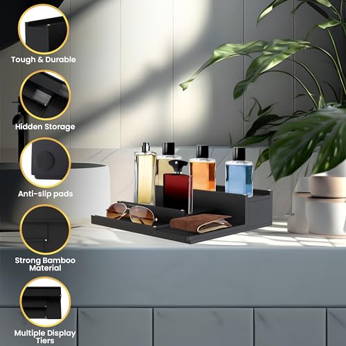 Cologne Organizer for Men - 3-Tier Solid Wood Cologne Stand with Hidden Compartments, Multi-Purpose Perfume Organizer and Display Shelf for Organizing Accessories, Ideal Gift for Men