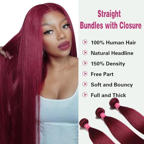 99j Straight Bundles with Closure Human Hair 12A Brazilian Raw Remy Human Hair Bundles and 4x4 HD Lace Closure Free Part Win Red Human Hair Bundles with Closure 20 22 24+20 Inch