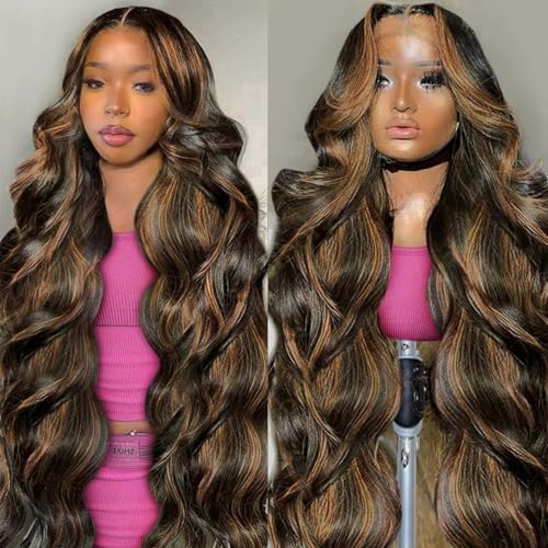30 inch Highlight Body Wave Lace Front Wigs Human Hair Pre Plucked 200 Density 1B/30 Ombre Frontal Wigs Human Hair 13x4 Transparent Lace Wig Glueless Balayage Wigs for Women