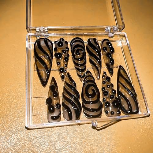 Black Press on Nails Long Stiletto Fake Nails Almond Shape False Nails with 3D Irregular Transparent Design Y2K Acrylic Nails Halloween Glue on Nails Black Swirl Natural Stick on Nails Nails for Women