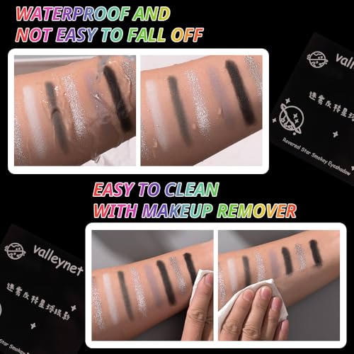 9 Color Smokey Eyeshadow Palette - Highly Pigmented Matte & Glitter Shades, Long-Lasting, Waterproof & Blendable, Black Silver Gray Eyeshadow Set for Sultry Glam (Reversal Star Smokey)