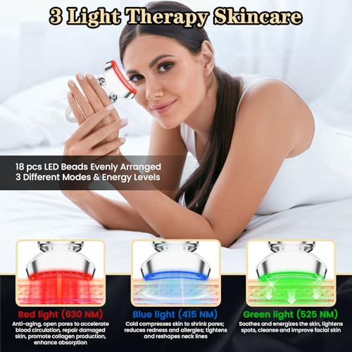Red Light Beauty Device for Face and Neck, Based on High-end Red and Blue LED Light, Facial Cold and Hot, Vibration Technology, 3 Color Led Face and Neck Beauty Device for Home Use, Pearly White